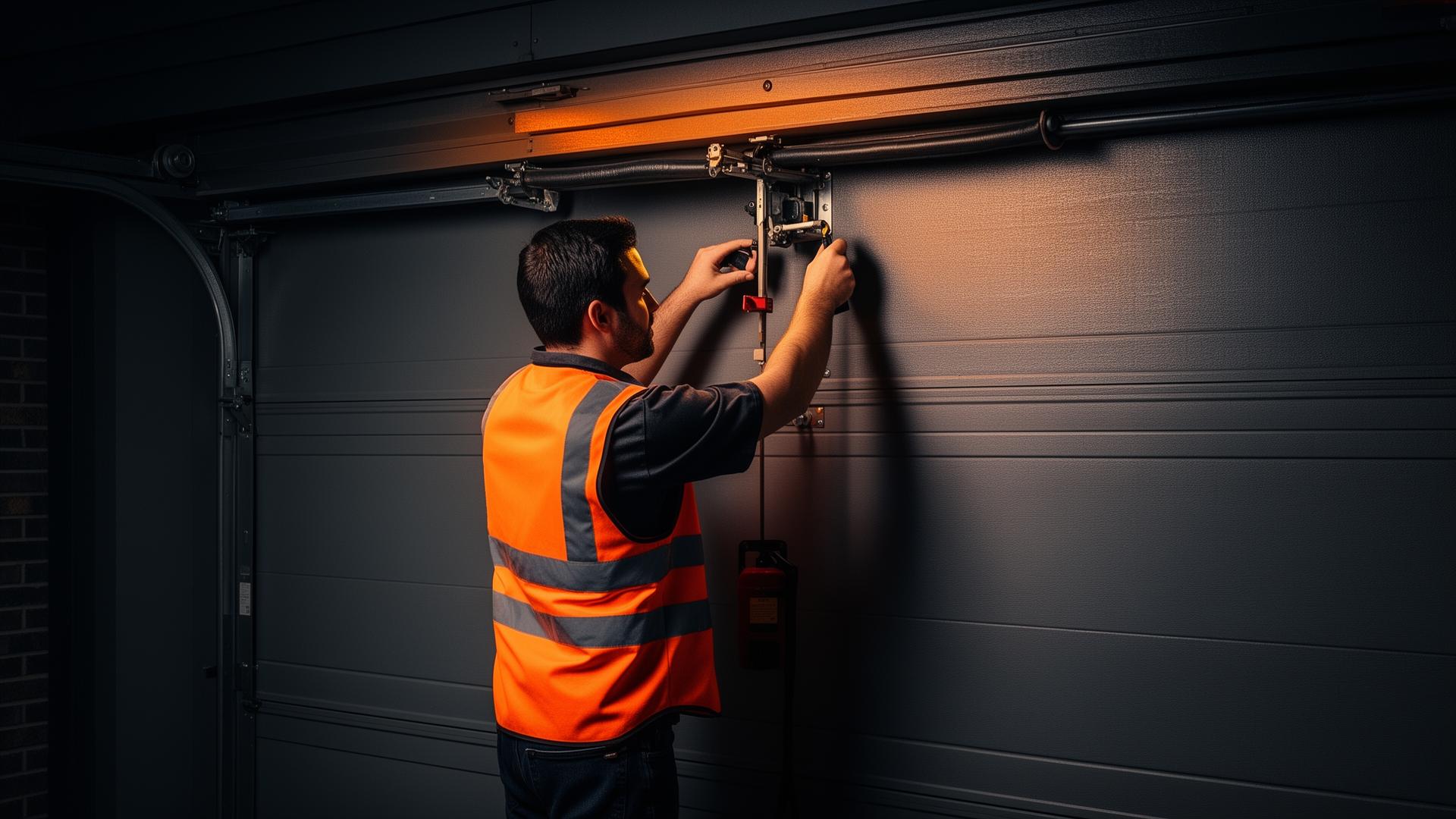 Professional garage door repair technician working on a residential garage door in Lumberton, NC